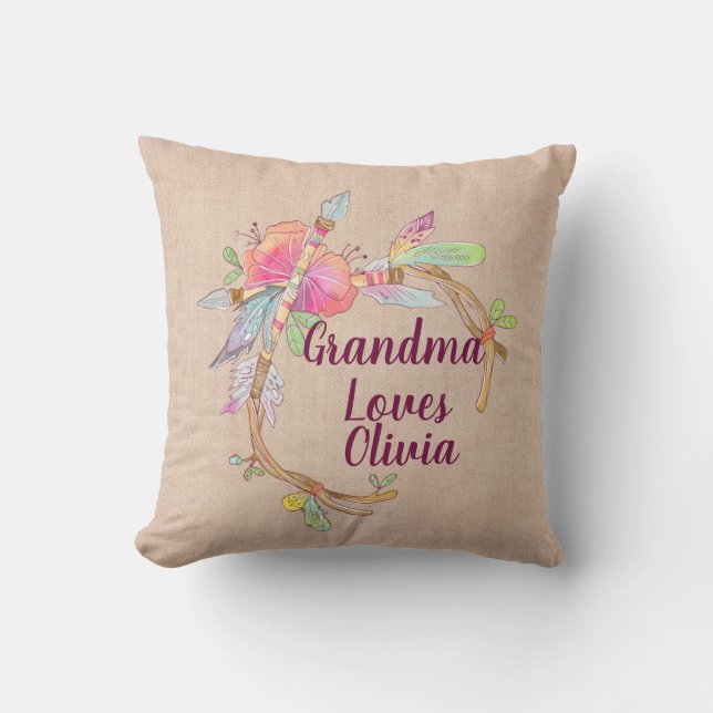 Change Any Text Grandmother Loves Grandchild Boho Throw Pillow (Front)