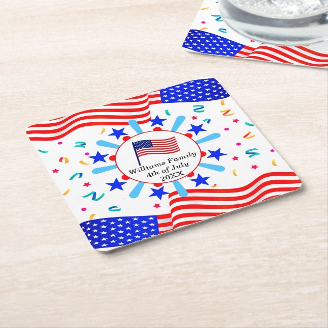 Change Any Text USA Flag Independence Day July 4th Square Paper Coaster (Angled)