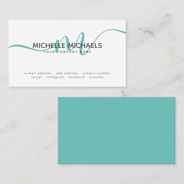 CHANGE COLOR Minimal Monogram Script Simple Teal  Business Card (Front/Back)