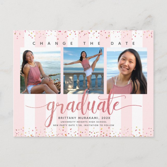 Change date rose gold script graduation photo chic invitation postcard (Front)