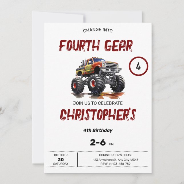 Change Gear Monster Truck Birthday Invitation (Front)