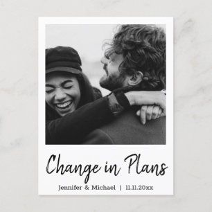 change in plans,modern handwriting script,wedding announcement postcard