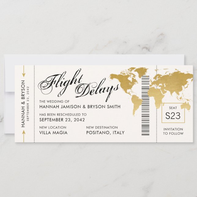 Change in Plans World Map Boarding Ticket Wedding Announcement (Front)