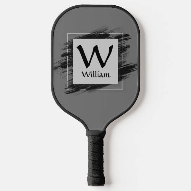Change Initial, Add Name, Black Brush Stroke Grey Pickleball Paddle (Front)