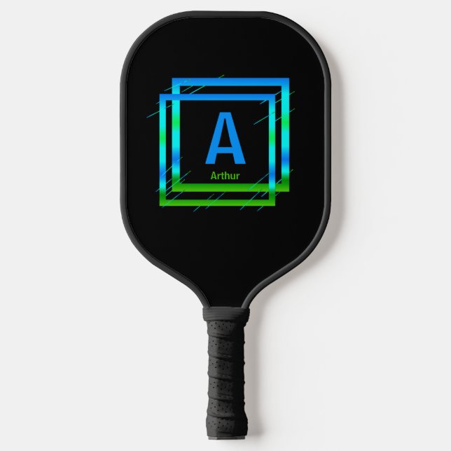 Change Initial. Add Name Blue Green Squares Black  Pickleball Paddle (Front)