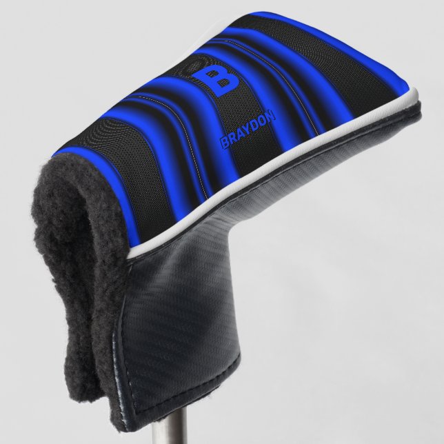 Change Initial Add Name Blue on Black Stripes      Golf Head Cover (3/4 Front)