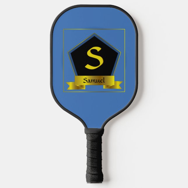 Change Initial, Add Name, Gold Shield Ribbon Blue Pickleball Paddle (Front)