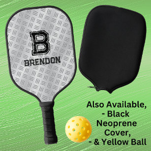 Change Initial, Add Name, Grey Checker Plate Look Pickleball Paddle