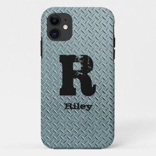 Change Initial Add Name Grey Steel Checker Plate iPhone 11 Case
