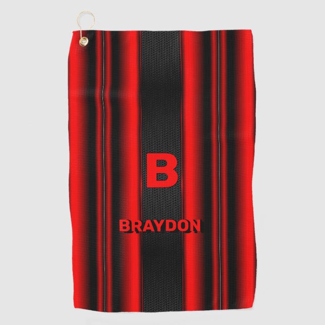 Change Initial Add Name Red on Black Stripes       Golf Towel (Front)