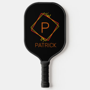Change Initial, Add Name Red Yellow Squares Black  Pickleball Paddle