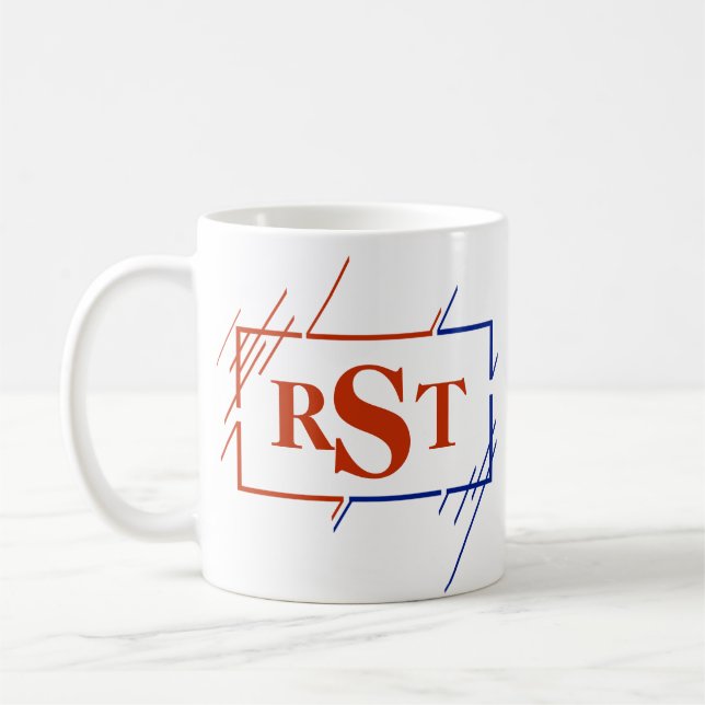 Change Initial Monogram Brown Blue Strokes Q R S T Coffee Mug (Left)