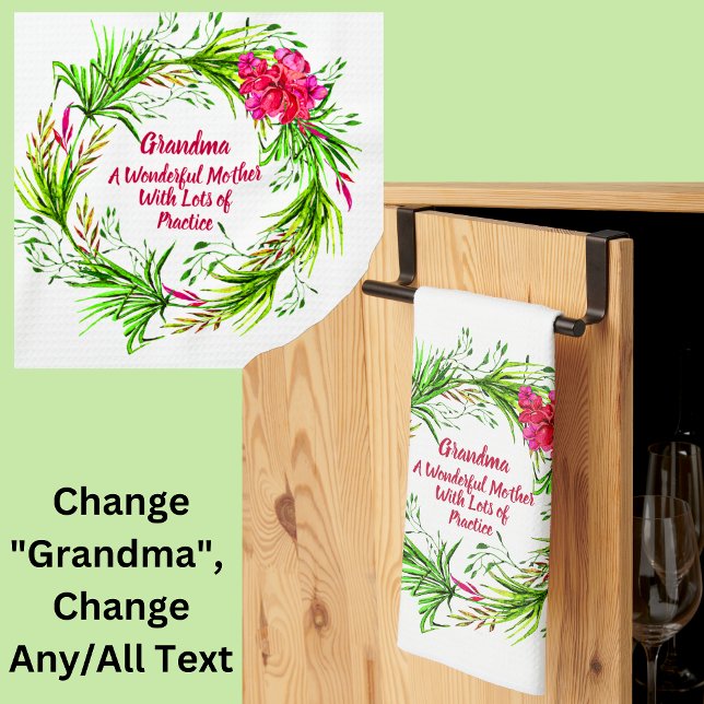 Change Name Add Text Grandma Pink Floral Boho  Kitchen Towel (Creator Uploaded)