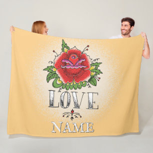 Change Name Add Text Red Rose Tattoo LOVE          Fleece Blanket