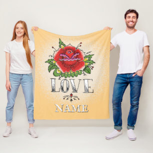 Change Name Add Text Red Rose Tattoo LOVE          Fleece Blanket