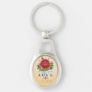Change Name Add Text Red Rose Tattoo LOVE          Keychain