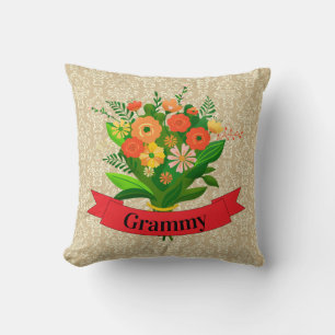 Change Name Grandmother Grammy Flowers on Damask Throw Pillow