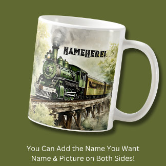 Change Name - Green Steam Train Engine on Bridge Coffee Mug