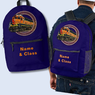 Change Name Orange Diesel Train on Navy Blue Printed Backpack