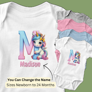 Change Name Pretty Pink Blue Cute Letter M Unicorn Baby Bodysuit