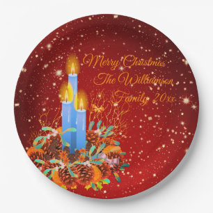 Change Name Red Candles Christmas Personalize 20xx Paper Plate