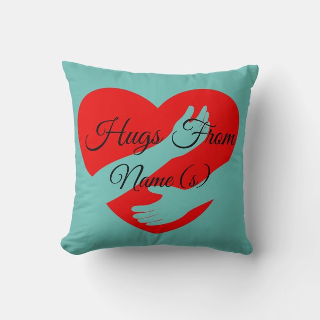 Change Name Text, Hugs From Red Heart Arms on Blue Throw Pillow (Front)