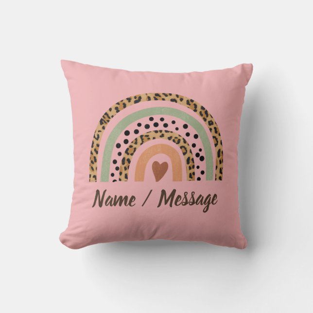 Change Name Text Leopard Spots Print Rainbow Pink  Throw Pillow (Front)