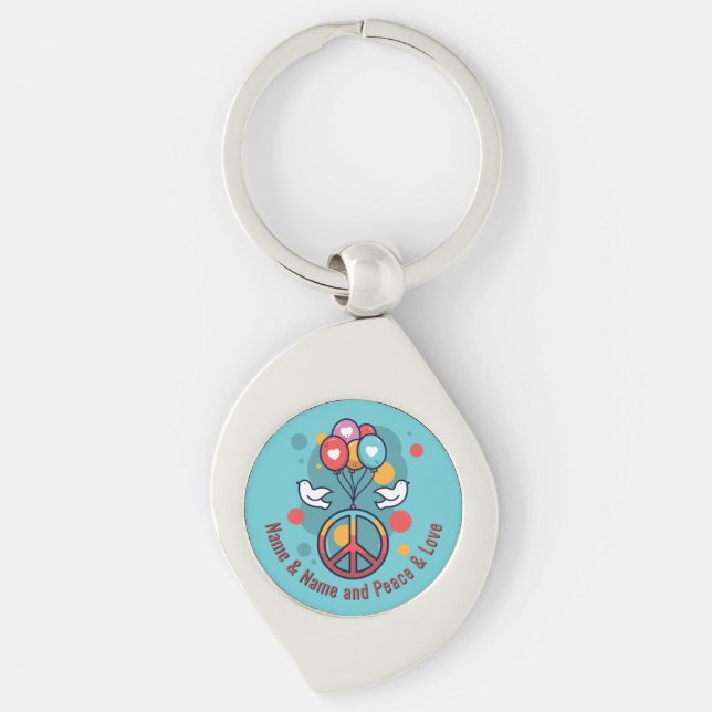 Change Name Text Peace Love Boho Hippie Doves      Keychain (Front)