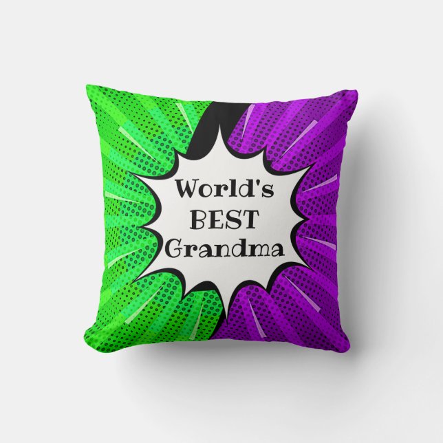 Change Name Worlds Best Grandma Green Purple Comic Throw Pillow (Front)