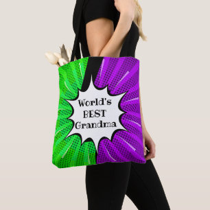 Change Name Worlds Best Grandma Green Purple Comic Tote Bag