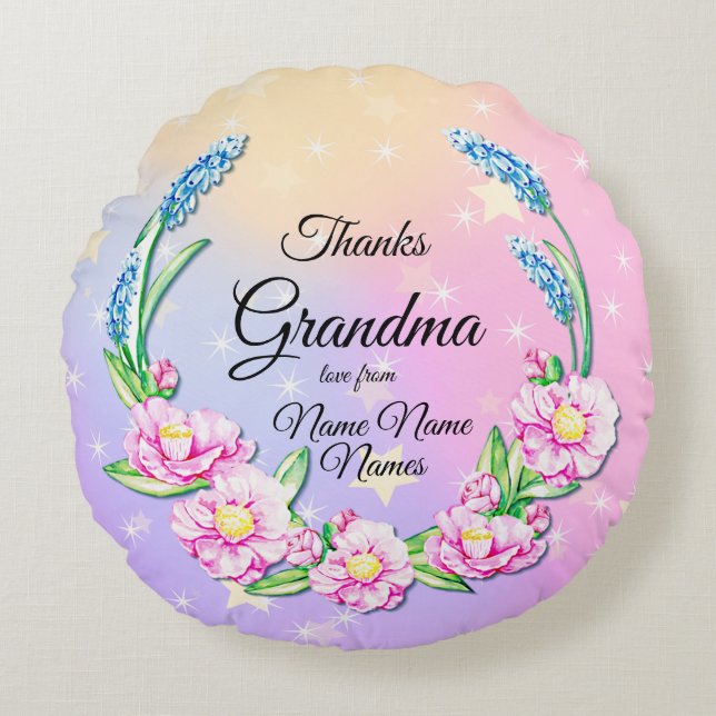 Change Names Mothers Day Grandma Pink Blue Flowers Round Pillow (Front)