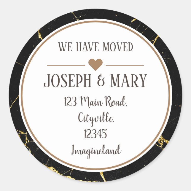 Change of address black gold marble elegant modern classic round sticker (Front)
