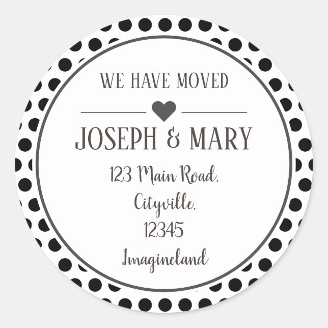 Change of address black polka dots classic round sticker (Front)
