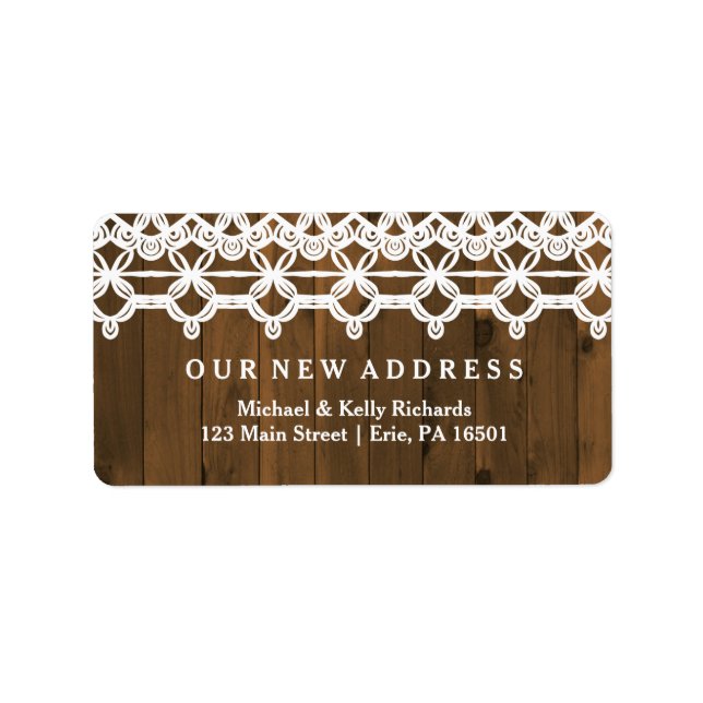 Change of Address Brown Rustic Wood and Lace Label (Front)