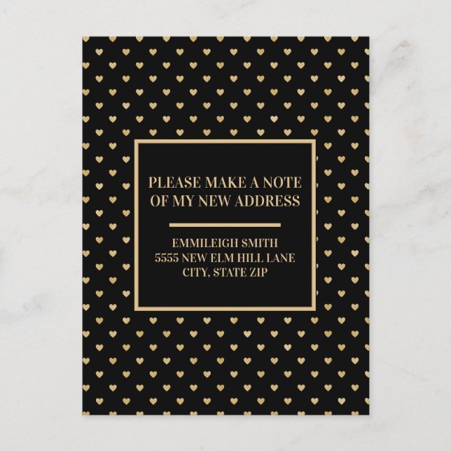 Change of Address Elegant Black Gold Hearts Postcard (Front)