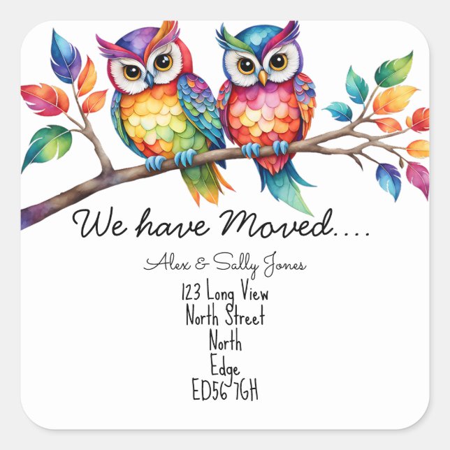 Change of address owls on a branch square sticker (Front)