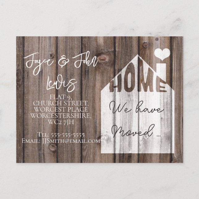 Change of address postcard we have moved wood (Front)