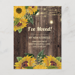 Change of Address Sunflowers String Lights Rustic Postcard