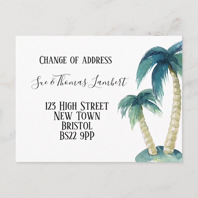 Change of address tropical, palm tree, beach announcement postcard (Front)