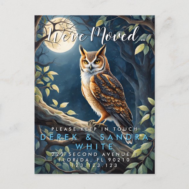 Change of address we have moved owl nature announcement postcard (Front)