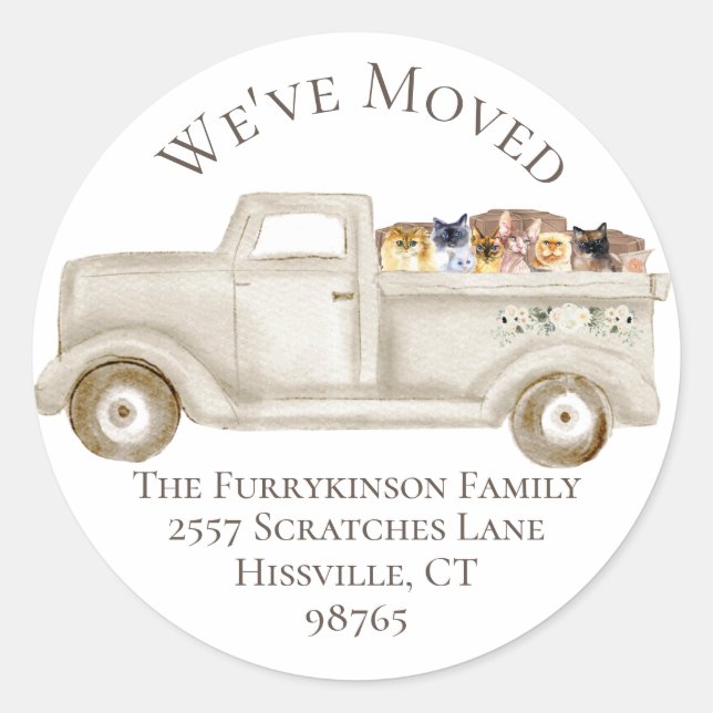 Change of address, We've Moved! Moving Truck Cats Classic Round Sticker (Front)