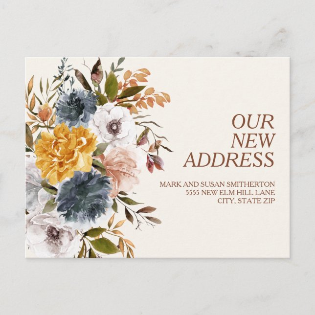 Change of Address Yellow Blue Rust Autumn Floral Postcard (Front)