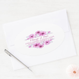 Change of date anemone pink wedding postponed card oval sticker