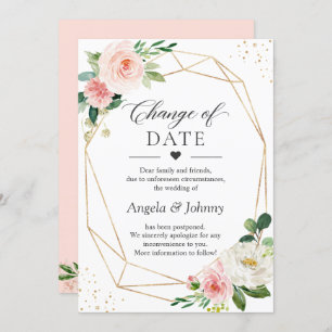 Change of Date Blush Pink Floral Gold Geometric Invitation