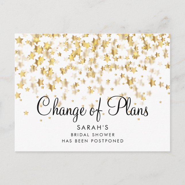 Change of Date Bridal Shower Script Gold Stars Announcement Postcard (Front)