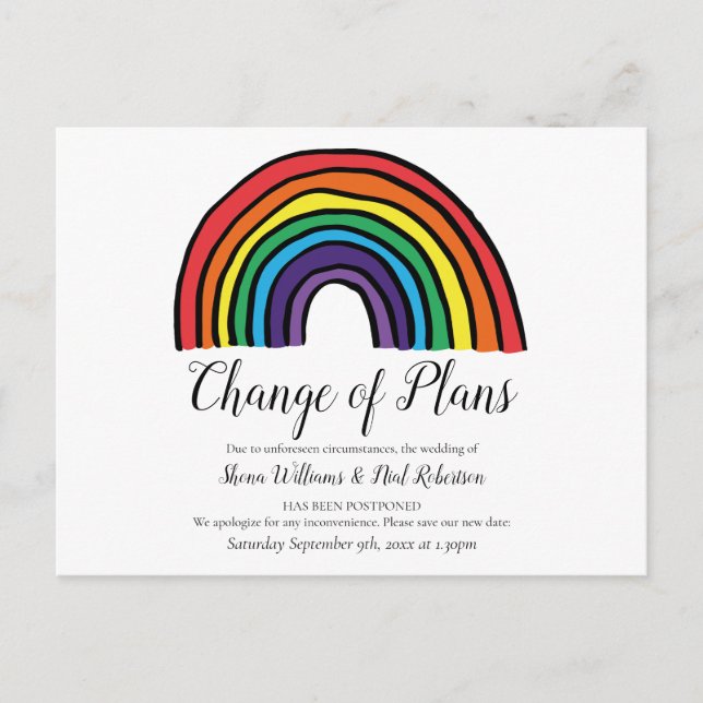 Change of Date Elegant Postponed Event Rainbow Postcard (Front)