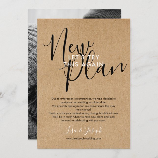 Change of Date New Plan Cancelled Rustic Photo Invitation (Front/Back)