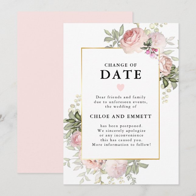 Change of Date Pink Floral Wedding Announcement (Front/Back)