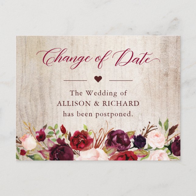 Change of Date Rustic Wood Burgundy Red Floral Postcard (Front)