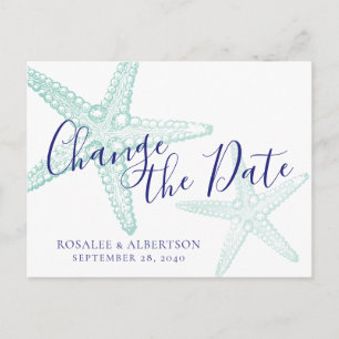 Change of Date Starfish Teal Beach Wedding Announcement Postcard